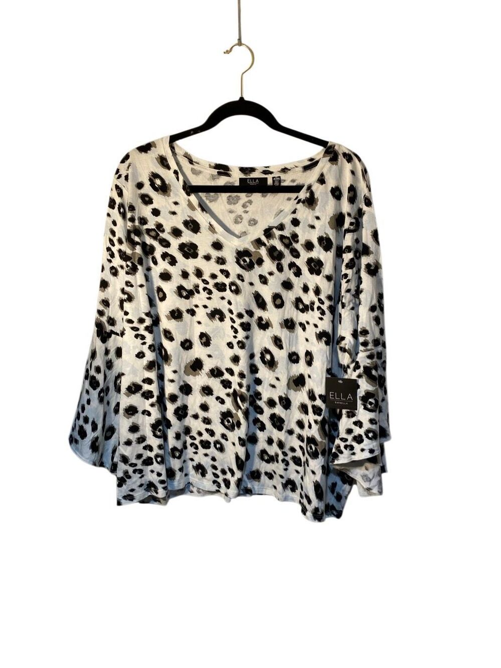 NWT Ella Rafaela black & white animal, print bell sleeve blouse 3X